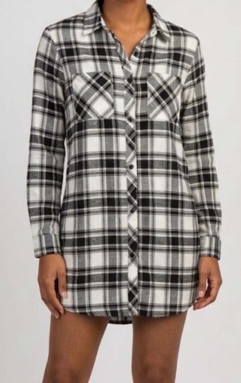 it's Black and White Plaid Long Sleeve Button-Down Shirt Dress Size S
